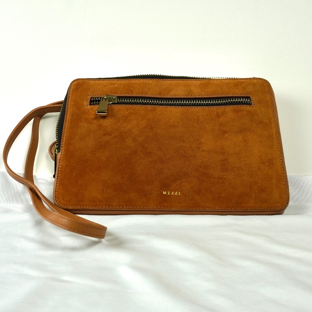 Mezzi Cognac Brown Suede Italian Leather Crossbody Bag Zip Pocket Gold East West